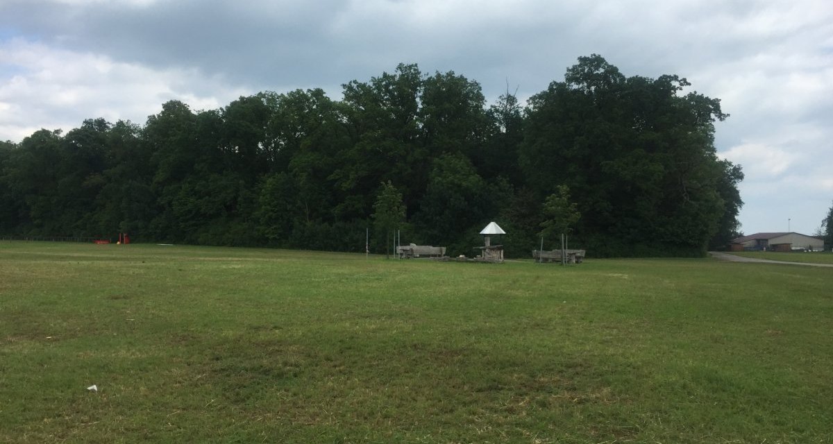 Eine weite Wiese mit einem Grillplatz und Bäumen im Hintergrund. Der Himmel ist bewölkt, und am Rand sind Gebäude zu sehen., © www.pro-cycl.de Eine weite Wiese mit einem Grillplatz und Bäumen im Hintergrund. Der Himmel ist bewölkt, und am Rand sind Gebäude zu sehen., © www.pro-cycl.de