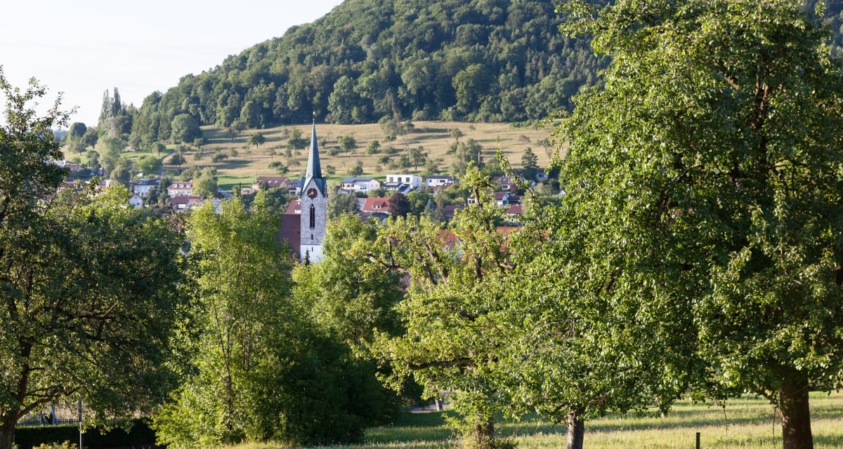 Blick auf Gönningen mit einer Kirche im Vordergrund, umgeben von Bäumen und einem bewaldeten Hügel im Hintergrund., © hochgehberge Blick auf Gönningen mit einer Kirche im Vordergrund, umgeben von Bäumen und einem bewaldeten Hügel im Hintergrund., © hochgehberge