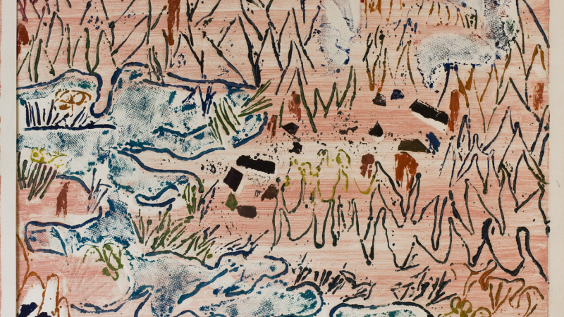 Abstrakte Landschaft mit Bergen, Fl&uuml;ssen und Vegetation in Pastellfarben. Linien und Formen erzeugen eine dynamische Komposition., &copy; VG Bild Kunst, Bonn 2024