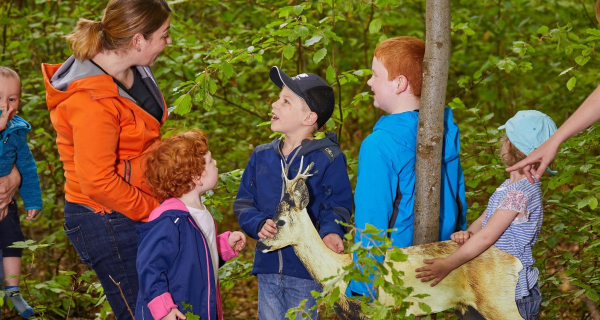 Kinder und Erwachsene stehen im Wald um ein Rehmodell. Sie sind in Gespräch vertieft und von grünen Blättern umgeben., © Natur.Nah. Schönbuch & Heckengäu Kinder und Erwachsene stehen im Wald um ein Rehmodell. Sie sind in Gespräch vertieft und von grünen Blättern umgeben., © Natur.Nah. Schönbuch & Heckengäu