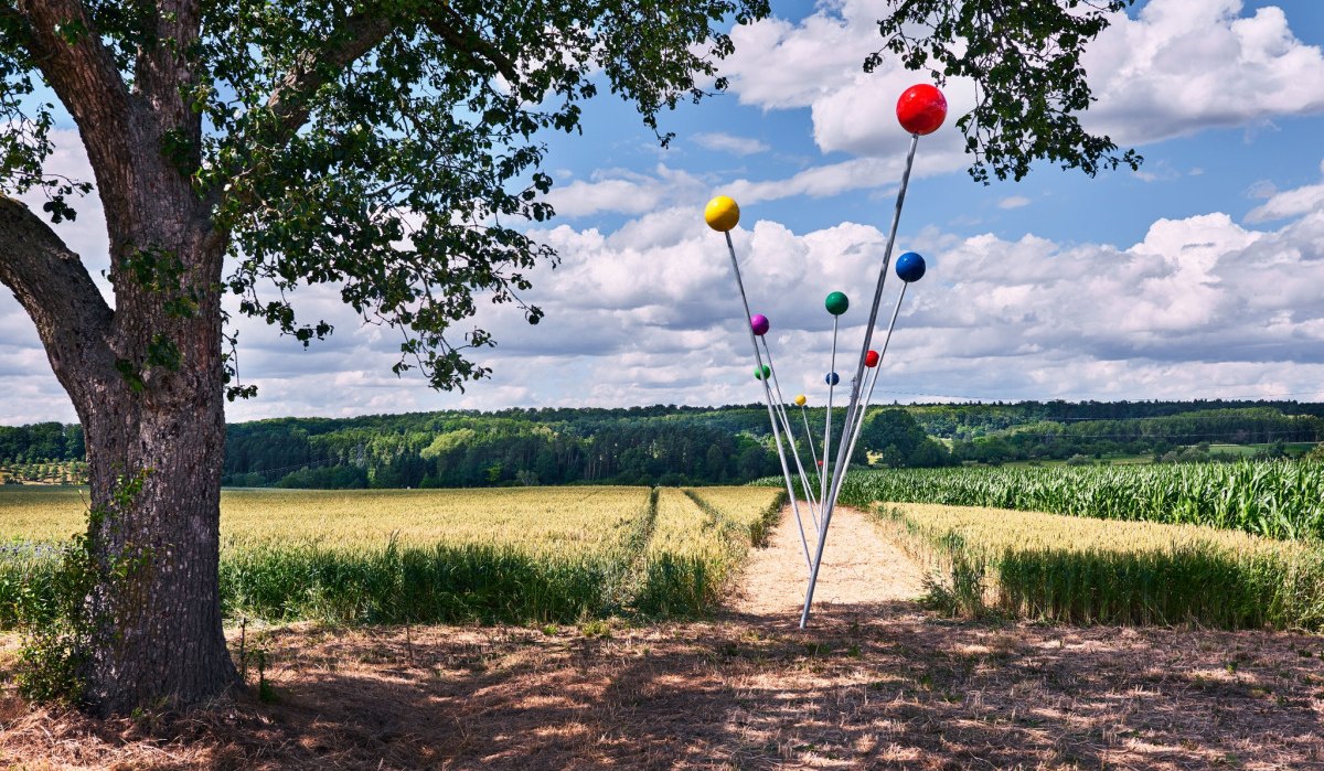 Bunte Kugeln auf langen Stangen ragen in einem Feld in die Höhe, daneben ein großer Baum. Der Himmel ist bewölkt., © Natur.Nah. Schönbuch & Heckengäu Bunte Kugeln auf langen Stangen ragen in einem Feld in die Höhe, daneben ein großer Baum. Der Himmel ist bewölkt., © Natur.Nah. Schönbuch & Heckengäu