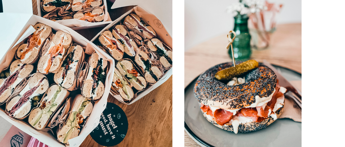 Links sind mehrere Bagels in einer Box, rechts ein einzelner Bagel mit Mohn und Gurke auf einem Teller., &copy; Cupcakes & Bagels, Stuttgart