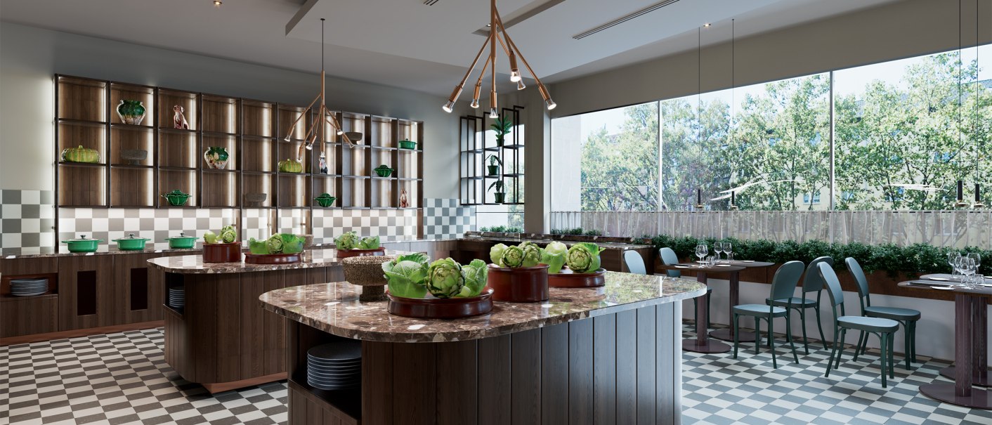 Elegantes Buffet mit Marmortischen, grünen Dekorationen und großen Fenstern, die viel Licht hereinlassen. Der Raum hat ein modernes Design mit kariertem Boden., © Scandic Hotels