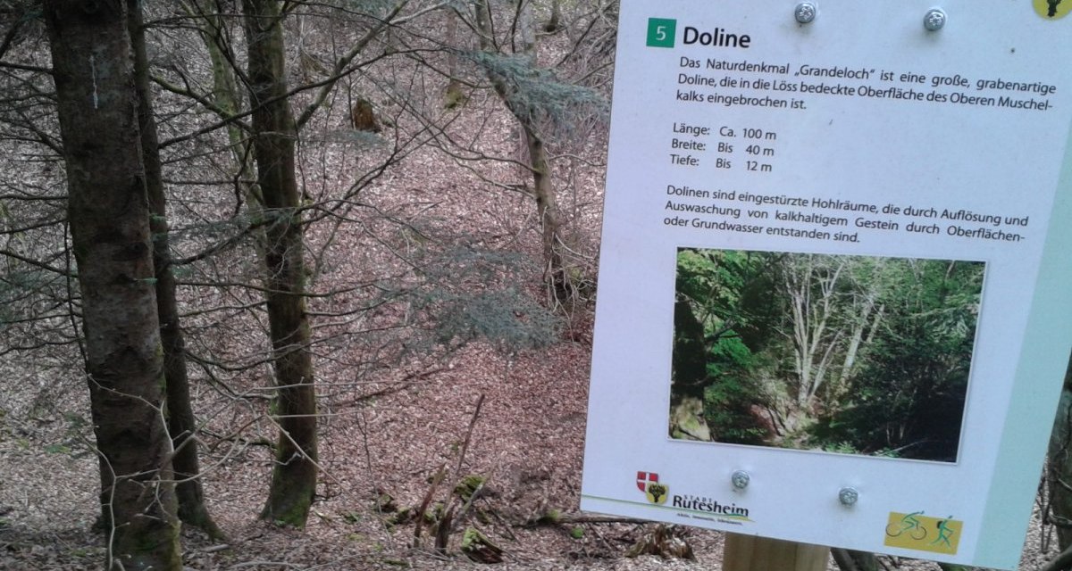 Schild im Wald informiert &uuml;ber die Doline "Grandeloch" auf dem Rutesheimer Rundweg. Es beschreibt die geologischen Merkmale und Dimensionen der Doline., &copy; Natur.Nah. Sch&ouml;nbuch & Heckeng&auml;u