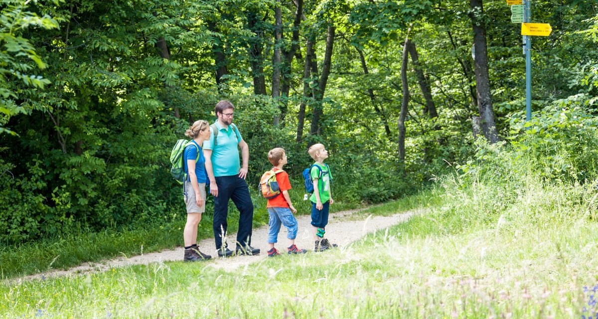 Eine Familie wandert auf einem Waldweg. Zwei Erwachsene und zwei Kinder tragen Rucksäcke. Im Hintergrund sind Wegweiser zu sehen., © hochgehberge Eine Familie wandert auf einem Waldweg. Zwei Erwachsene und zwei Kinder tragen Rucksäcke. Im Hintergrund sind Wegweiser zu sehen., © hochgehberge
