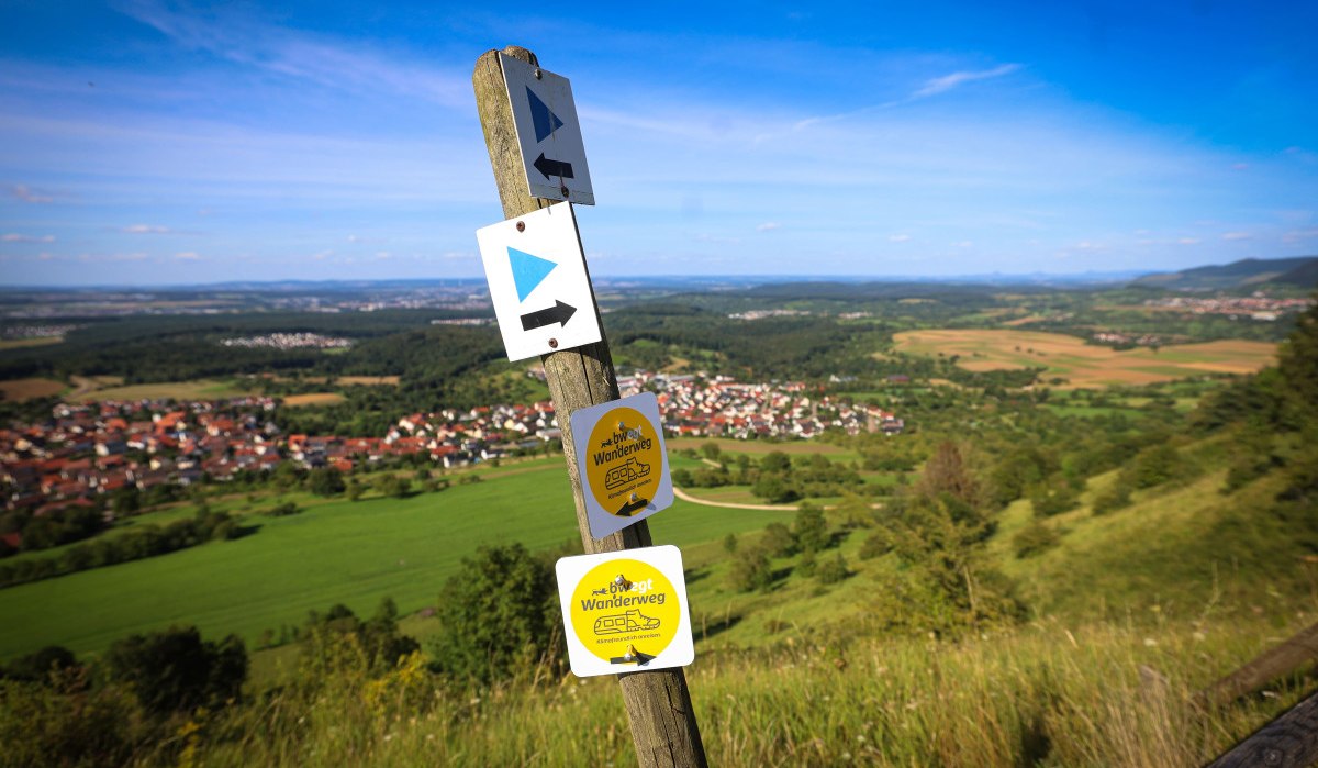 Wegweiser auf einem Hügel mit Schildern für Wanderwege, im Hintergrund eine weite Landschaft und ein Dorf unter blauem Himmel.