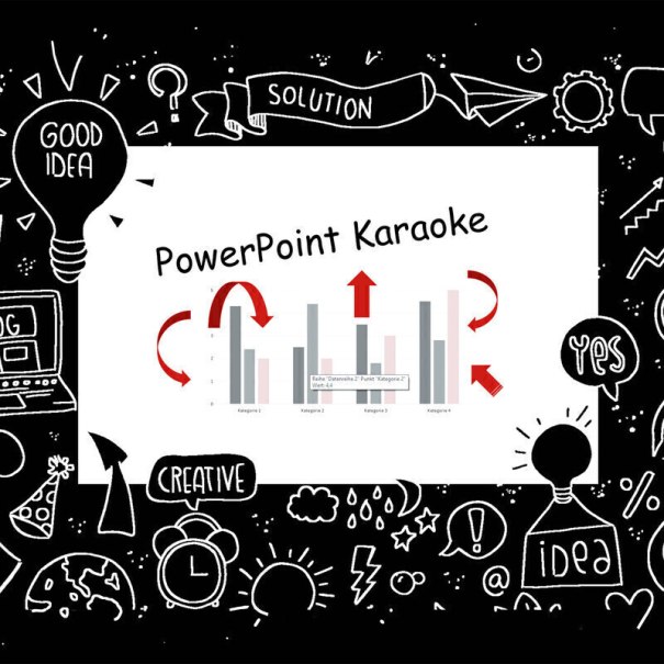 Kreative Illustration mit dem Titel 'PowerPoint Karaoke', umgeben von Symbolen wie Glühbirnen und Diagrammen, die Ideen und Lösungen darstellen., © Scala Kultur Live gGmbH Kreative Illustration mit dem Titel 'PowerPoint Karaoke', umgeben von Symbolen wie Glühbirnen und Diagrammen, die Ideen und Lösungen darstellen., © Scala Kultur Live gGmbH
