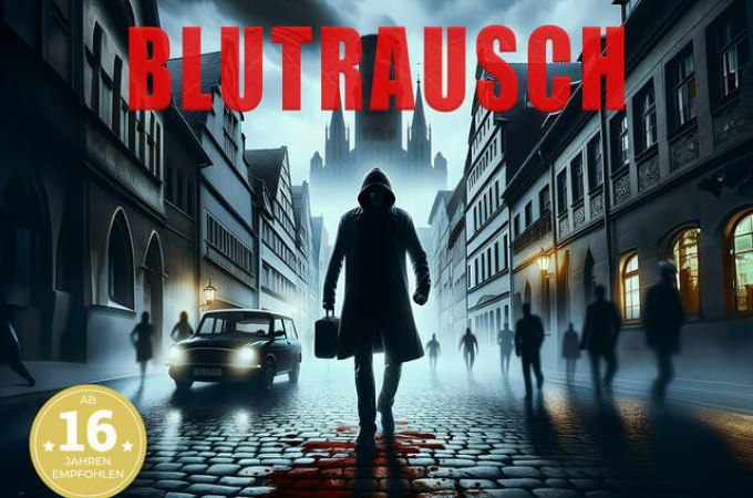 Ein Mann in einem Mantel steht auf einer nebligen Straße, umgeben von alten Gebäuden. Der Titel 'BLUTRAUSCH' ist prominent zu sehen. Altersfreigabe ab 16., © TeamEscape Stuttgart Ein Mann in einem Mantel steht auf einer nebligen Straße, umgeben von alten Gebäuden. Der Titel 'BLUTRAUSCH' ist prominent zu sehen. Altersfreigabe ab 16., © TeamEscape Stuttgart