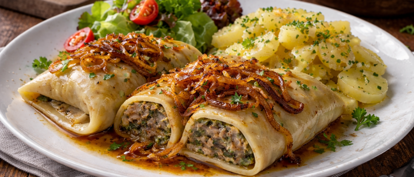 Typisch schwäbisches Gericht: Maultaschen mit Kartoffelsalat.KI-generiertes Stockbild, © KI-generiert Typisch schwäbisches Gericht: Maultaschen mit Kartoffelsalat.KI-generiertes Stockbild, © KI-generiert