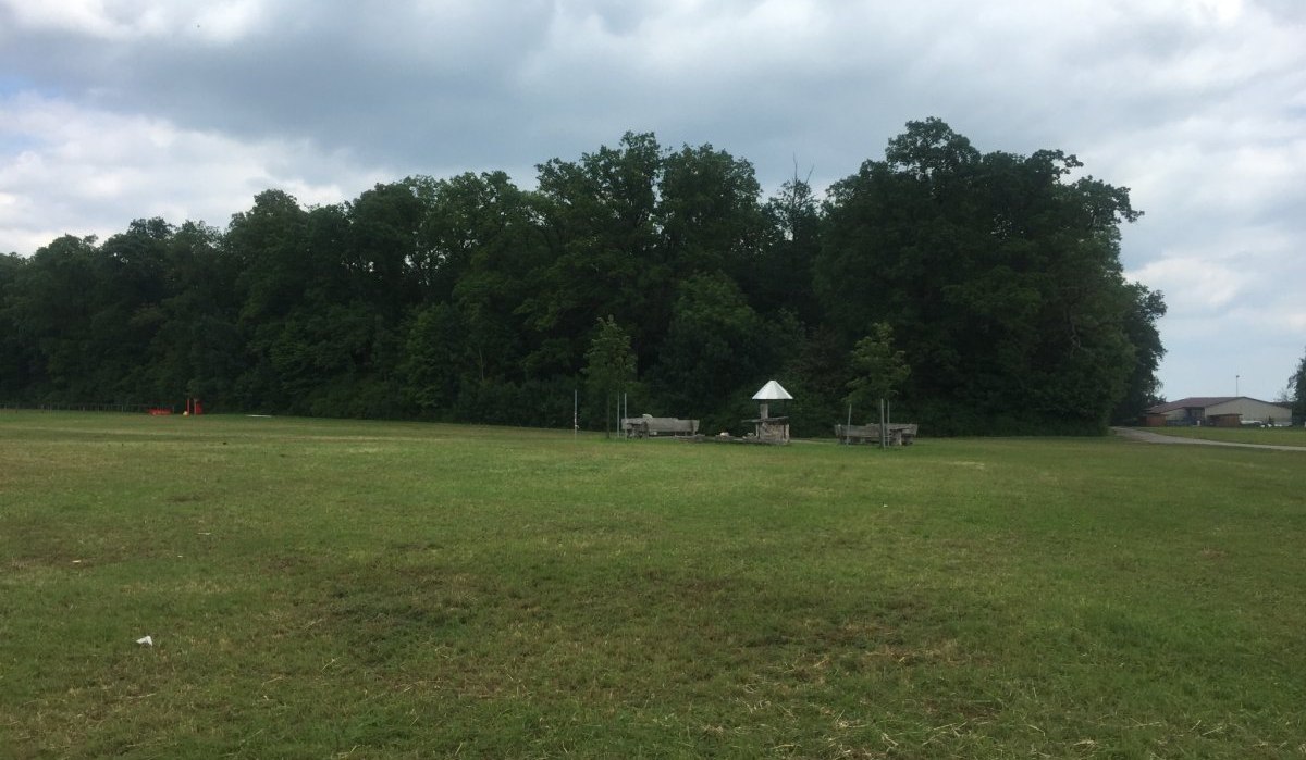 Eine weite Wiese mit einem Grillplatz und B&auml;umen im Hintergrund. Der Himmel ist bew&ouml;lkt, und am Rand sind Geb&auml;ude zu sehen., &copy; www.pro-cycl.de
