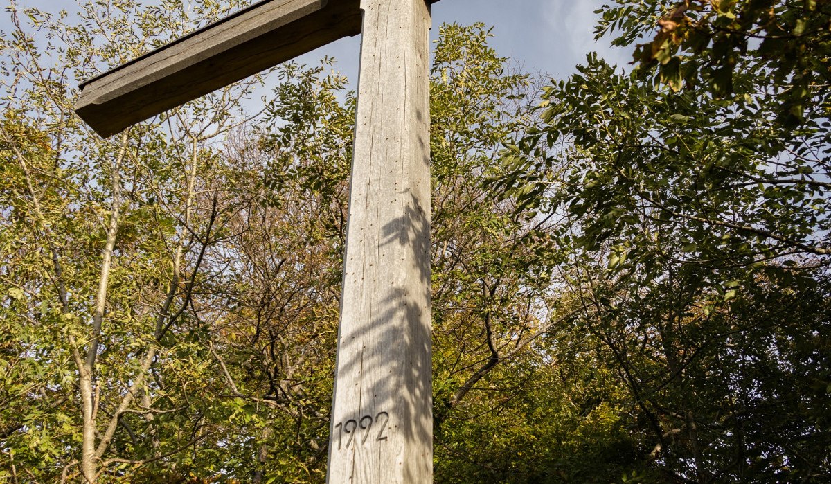 Großes Holzkreuz mit der Jahreszahl 1992 vor Bäumen und blauem Himmel., © Foto Thomas Zehnder Großes Holzkreuz mit der Jahreszahl 1992 vor Bäumen und blauem Himmel., © Foto Thomas Zehnder