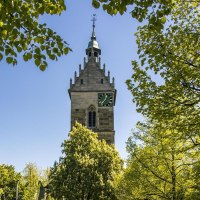 Ein Kirchturm erhebt sich &uuml;ber gr&uuml;ne B&auml;ume unter einem klaren blauen Himmel. Die Szene strahlt Ruhe und Naturverbundenheit aus., &copy; SMG, Sarah Schmid