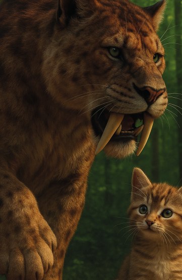 Ein Säbelzahntiger und ein Kätzchen stehen im Wald. Der Tiger zeigt seine Zähne, während das Kätzchen neugierig schaut., © Bild erstellt mit KI-Tool [Perplexity] © [2025] [MuseoConsult]
