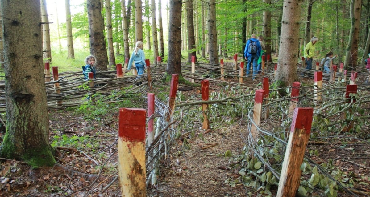 Menschen spazieren durch einen Wald mit geflochtenen Z&auml;unen aus &Auml;sten und rot markierten Pfosten., &copy; Amt f&uuml;r Forsten Landkreis B&ouml;blingen