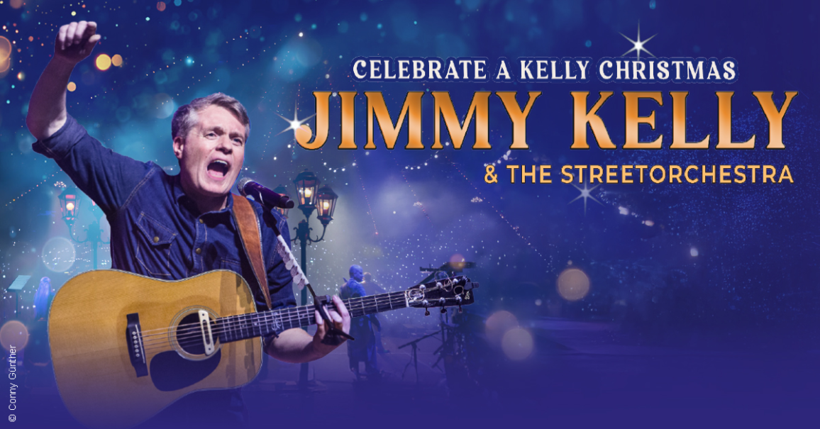 Jimmy Kelly mit Gitarre vor einem festlichen Hintergrund. Text: "Celebrate a Kelly Christmas - Jimmy Kelly & The Streetorchestra"., &copy; links im Bild