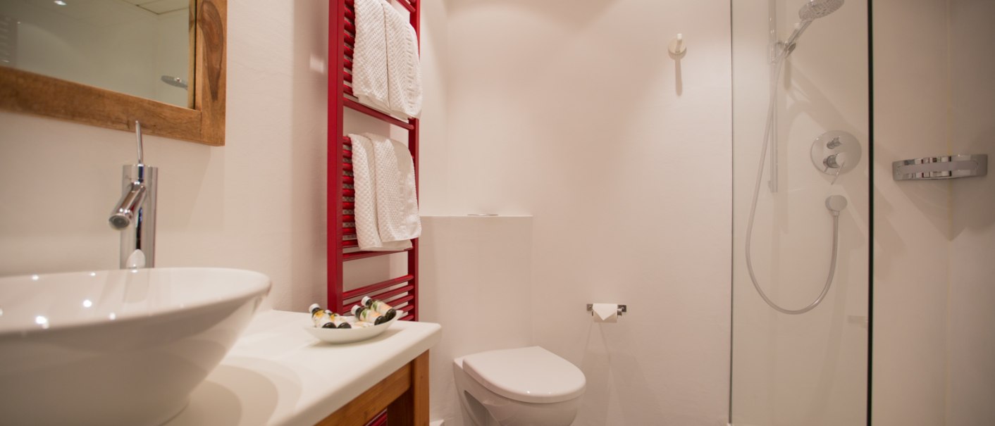 Modernes Badezimmer mit Waschbecken, Spiegel, rotem Handtuchhalter, Toilette und Dusche., © Hotel Bürkle