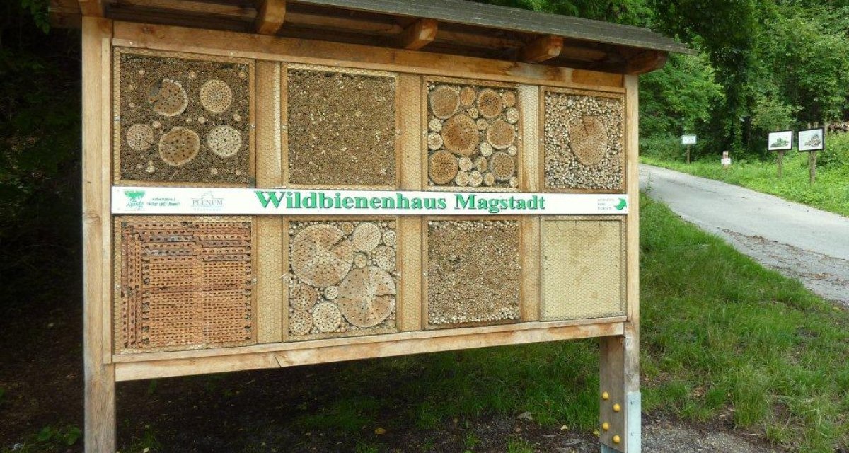 Ein Wildbienenhaus in Magstadt mit verschiedenen Materialien für Bienen. Es steht am Waldrand neben einem Weg., © Christian Bemmann, Lokale AGENDA 21 Magstadt, Arbeitskreis Natur und Umwelt Ein Wildbienenhaus in Magstadt mit verschiedenen Materialien für Bienen. Es steht am Waldrand neben einem Weg., © Christian Bemmann, Lokale AGENDA 21 Magstadt, Arbeitskreis Natur und Umwelt