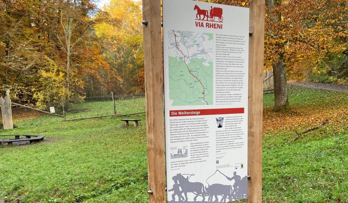 Infotafel "Via Rheni" im Wald, umgeben von herbstlichen Bäumen. Die Tafel informiert über die Weihersteige und zeigt eine Karte der Region., © Natur.Nah. Schönbuch & Heckengäu Infotafel "Via Rheni" im Wald, umgeben von herbstlichen Bäumen. Die Tafel informiert über die Weihersteige und zeigt eine Karte der Region., © Natur.Nah. Schönbuch & Heckengäu