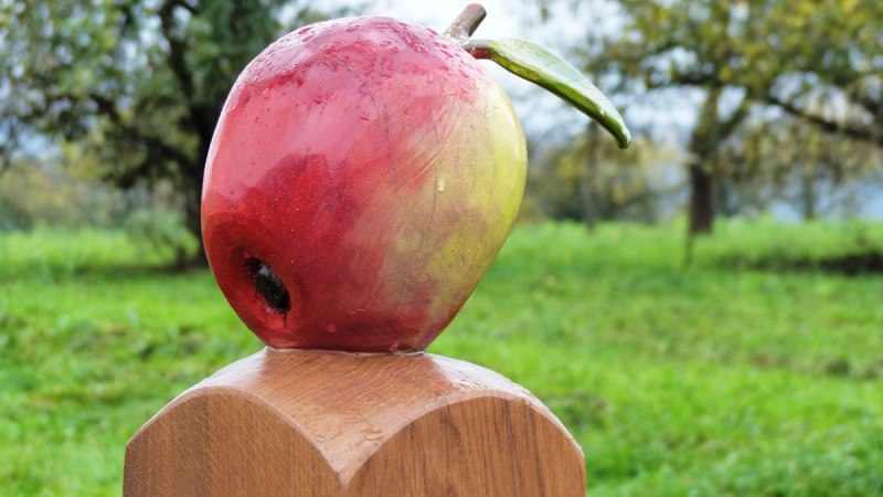 Eine große Apfelskulptur auf einem Holzpfosten vor einer grünen Wiese mit Bäumen im Hintergrund.