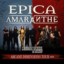 Poster der Arcane Dimensions Tour 2026 mit Epica, Amaranthe und Charlotte Wessels. Zwei Bandfotos und Tourdaten sind abgebildet., © links im Bild