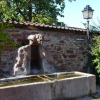 Steinbrunnen mit Wasserspeier und Trog vor einer Mauer, Laterne und Schild 'Kapuzinerberg'. Umgeben von Pflanzen und Bäumen., © Natur.Nah. Schönbuch & Heckengäu Steinbrunnen mit Wasserspeier und Trog vor einer Mauer, Laterne und Schild 'Kapuzinerberg'. Umgeben von Pflanzen und Bäumen., © Natur.Nah. Schönbuch & Heckengäu