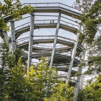 Ein spiralförmiger Aussichtsturm in Bad Wildbad ragt zwischen grünen Bäumen empor. Der Himmel ist klar und sonnig., © Stuttgart-Marketing GmbH, Sarah Schmid