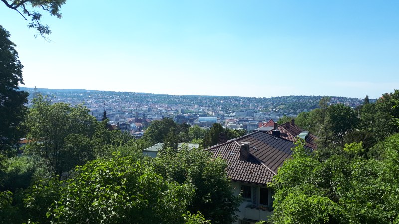 Panoramablick auf eine Stadt mit grünen Bäumen im Vordergrund und Hügeln im Hintergrund unter klarem Himmel., © SMG