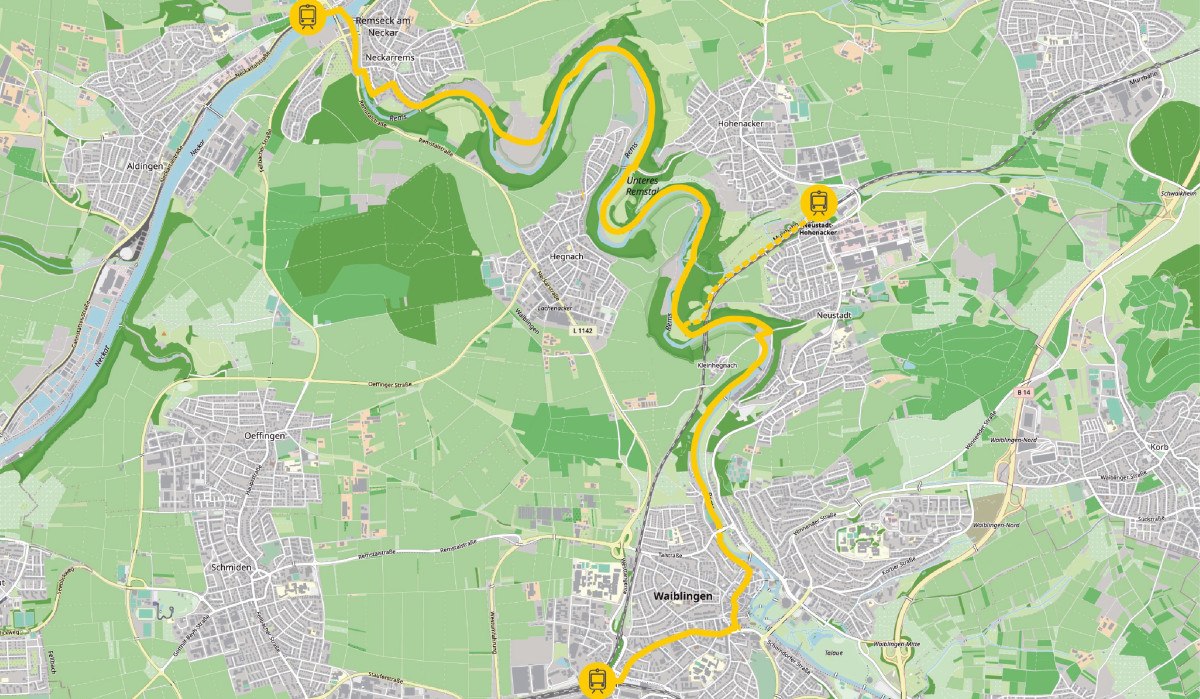 Karte von Waiblingen und Umgebung mit markierten Buslinien und Haltestellen. Die Route verläuft entlang des Flusses durch mehrere Stadtteile.