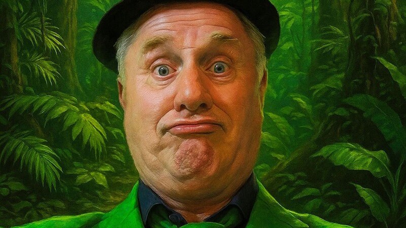 Ein Mann in gr&uuml;nem Anzug und Hut zieht eine Grimasse vor einem dichten, gr&uuml;nen Dschungelhintergrund., &copy; Mauerwerk GmbH