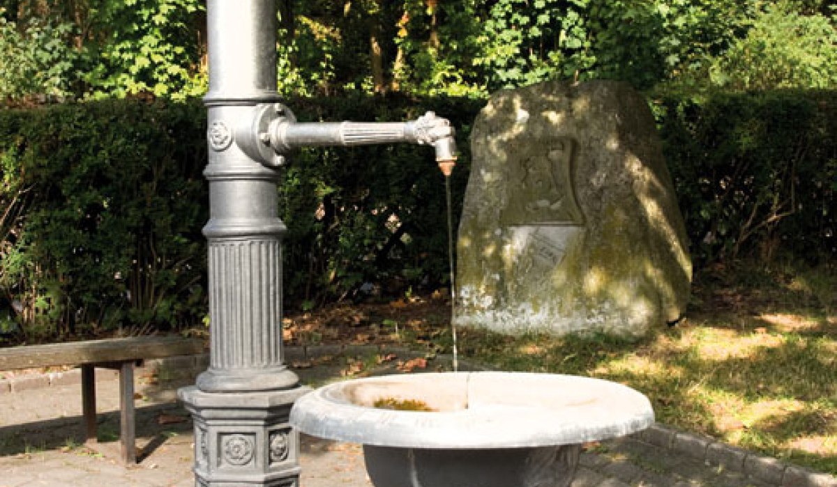 Ein dekorativer Brunnen mit fließendem Wasser im Freien, umgeben von Bäumen und einem Stein im Hintergrund., © Stadt Sachsenheim Ein dekorativer Brunnen mit fließendem Wasser im Freien, umgeben von Bäumen und einem Stein im Hintergrund., © Stadt Sachsenheim