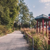 Ein Wegweiser mit roten und blauen Schildern zeigt verschiedene Ziele in einem grünen Park an. Ein Weg führt durch die Landschaft., © Stadt Welzheim