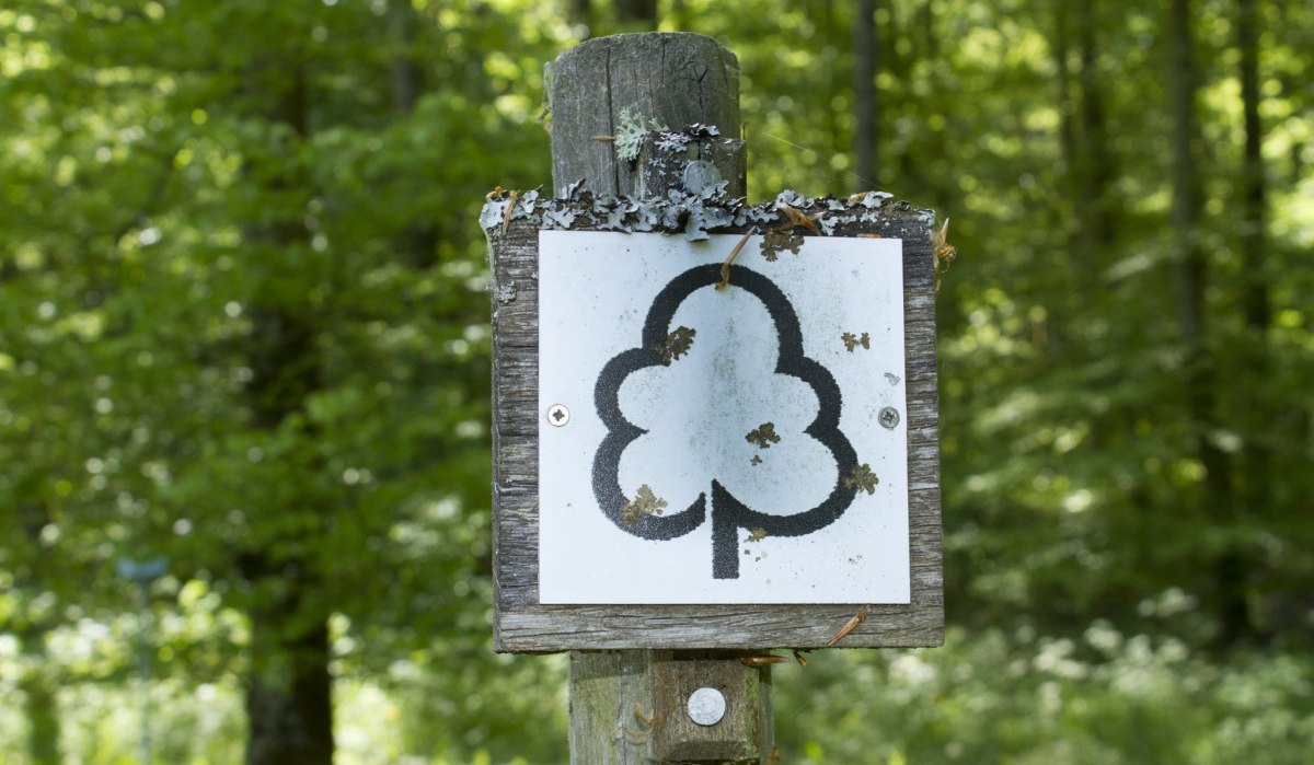 Holzpfosten mit Schild, das ein stilisiertes Baum-Symbol zeigt, umgeben von grünem Wald., © Natur.Nah. Schönbuch & Heckengäu Holzpfosten mit Schild, das ein stilisiertes Baum-Symbol zeigt, umgeben von grünem Wald., © Natur.Nah. Schönbuch & Heckengäu
