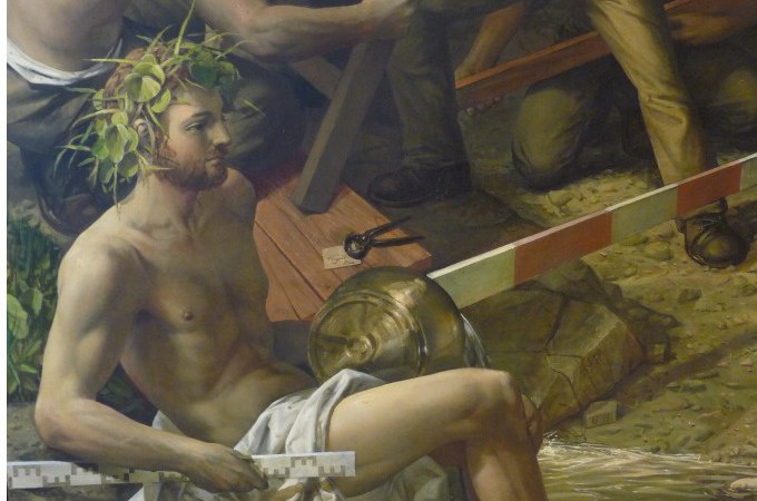 Ein Mann mit Lorbeerkranz und Lineal sitzt inmitten von Bauarbeitern. Er symbolisiert möglicherweise Weisheit oder Führung., © PlochingenInfo Ein Mann mit Lorbeerkranz und Lineal sitzt inmitten von Bauarbeitern. Er symbolisiert möglicherweise Weisheit oder Führung., © PlochingenInfo