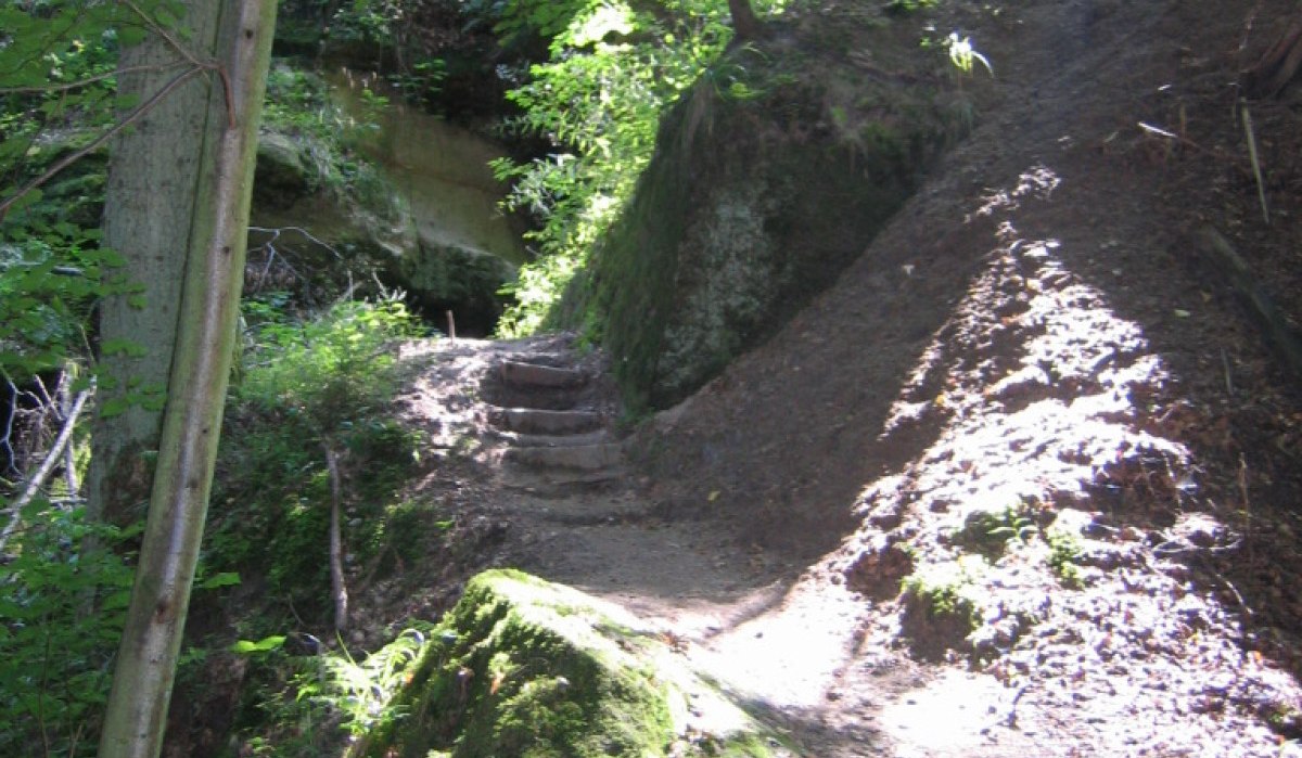 Ein Waldweg mit natürlichen Stufen führt durch moosbewachsene Felsen. Sonnenlicht fällt durch das dichte Blätterdach und beleuchtet den Pfad., © Stadt Lorch