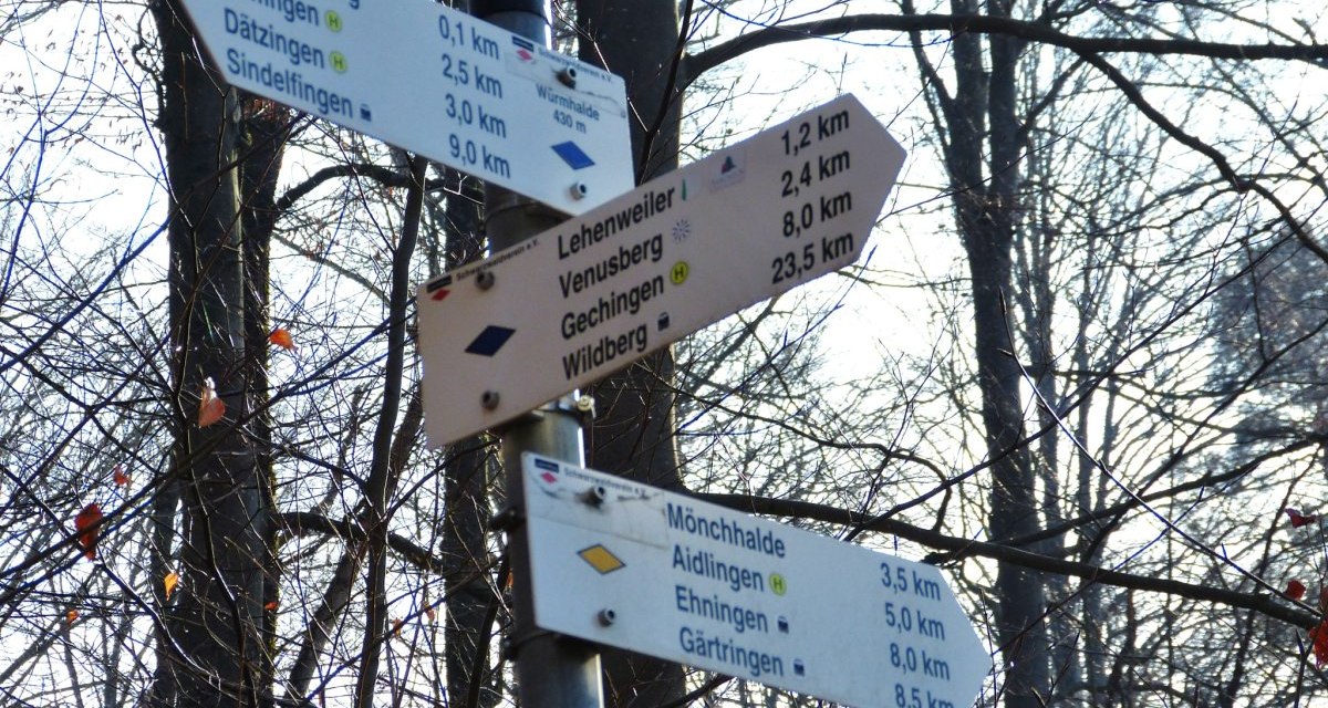 Ein Wegweiser im Wald zeigt Entfernungen zu Orten wie Lehenweiler, Venusberg und Wildberg. Die Schilder sind mit blauen und gelben Rauten markiert., © Natur.Nah. Schönbuch & Heckengäu Ein Wegweiser im Wald zeigt Entfernungen zu Orten wie Lehenweiler, Venusberg und Wildberg. Die Schilder sind mit blauen und gelben Rauten markiert., © Natur.Nah. Schönbuch & Heckengäu