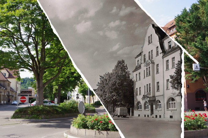 Collage zeigt Plochingen im Wandel der Zeit mit alten und neuen Ansichten der Stadt, darunter ein Hotel und ein Kreisverkehr., © PlochingenInfo Collage zeigt Plochingen im Wandel der Zeit mit alten und neuen Ansichten der Stadt, darunter ein Hotel und ein Kreisverkehr., © PlochingenInfo