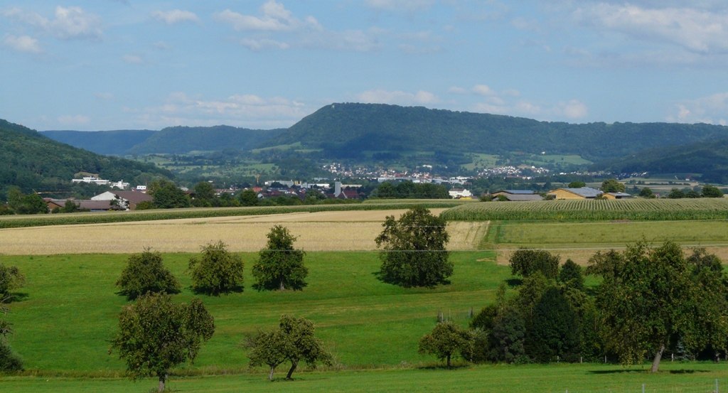 Grüne Felder und Bäume vor einer hügeligen Landschaft am Fuß der schwäbischen Alb, mit einem Dorf im Hintergrund., © Ulli Kellenbenz Grüne Felder und Bäume vor einer hügeligen Landschaft am Fuß der schwäbischen Alb, mit einem Dorf im Hintergrund., © Ulli Kellenbenz