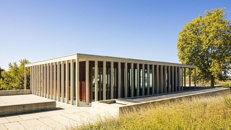 Modernes Gebäude mit Glasfassade und Säulen, umgeben von Bäumen und Wiese unter klarem Himmel., © SMG, Sarah Schmid Modernes Gebäude mit Glasfassade und Säulen, umgeben von Bäumen und Wiese unter klarem Himmel., © SMG, Sarah Schmid