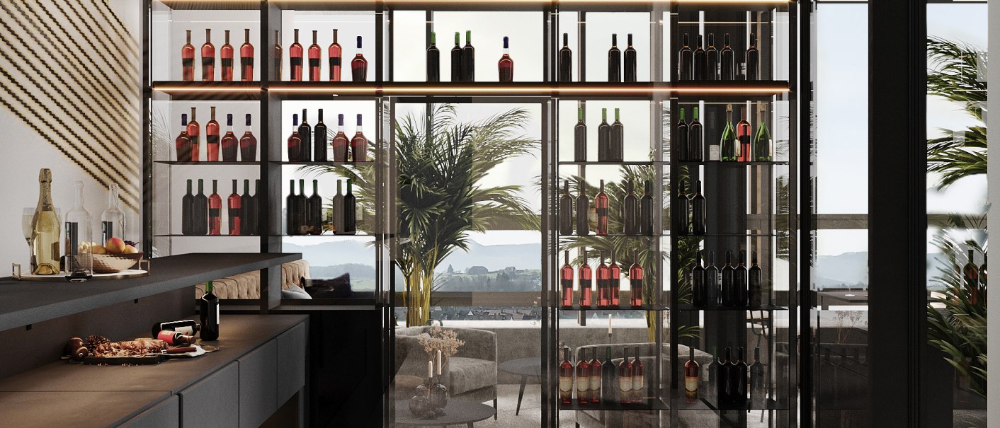 Moderne Bar mit Glasregalen voller Weinflaschen, daneben eine Terrasse mit Pflanzen und Sitzgelegenheiten., © LOOM Hotel & Skybar Moderne Bar mit Glasregalen voller Weinflaschen, daneben eine Terrasse mit Pflanzen und Sitzgelegenheiten., © LOOM Hotel & Skybar