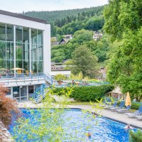 Au&szlig;enpool an einem modernen Geb&auml;ude in gr&uuml;ner H&uuml;gellandschaft mit Liegen und Sonnenschirmen., &copy; Lightworkart, Touristik Bad Wildbad GmbH