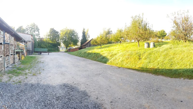 L&auml;ndliche Szene mit Holzstapeln an einem Geb&auml;ude, einem Anh&auml;nger und Obstb&auml;umen auf einer Wiese bei sonnigem Wetter., &copy; Mannschreck-Weine