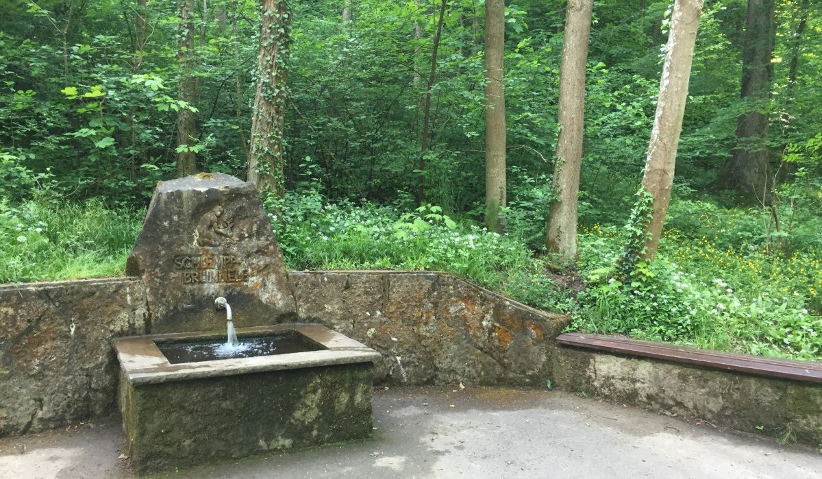 Ein steinerner Brunnen im Wald, umgeben von Bäumen und Pflanzen, mit der Aufschrift 'Schlempp-Brünnle' auf dem Stein., © www.pro-cycl.de Ein steinerner Brunnen im Wald, umgeben von Bäumen und Pflanzen, mit der Aufschrift 'Schlempp-Brünnle' auf dem Stein., © www.pro-cycl.de