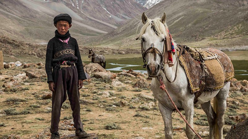 Ein Junge und ein Pferd in einer kargen, bergigen Landschaft im Pamir-Gebirge. Im Hintergrund schneebedeckte Gipfel. Text: IM PAMIR., © Expedition Erde