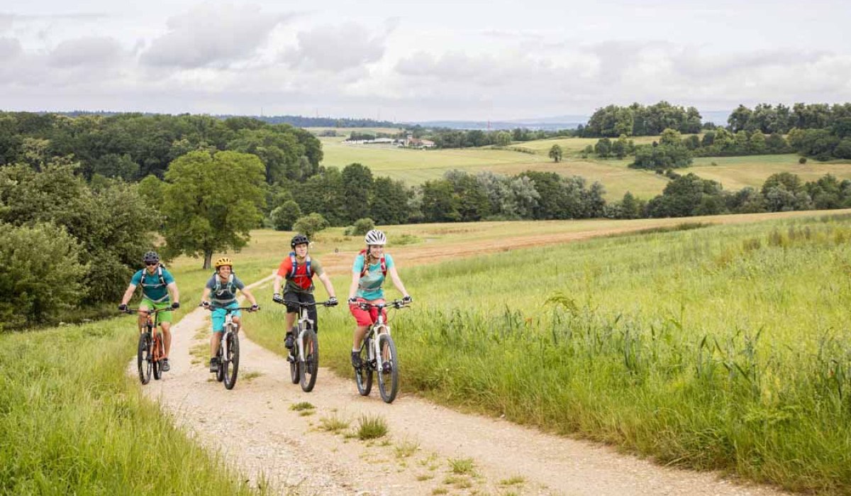 Vier Radfahrer fahren auf einem Feldweg durch eine grüne, hügelige Landschaft. Der Himmel ist bewölkt., © Schwäbische Alb Tourismusverband e.V. Vier Radfahrer fahren auf einem Feldweg durch eine grüne, hügelige Landschaft. Der Himmel ist bewölkt., © Schwäbische Alb Tourismusverband e.V.
