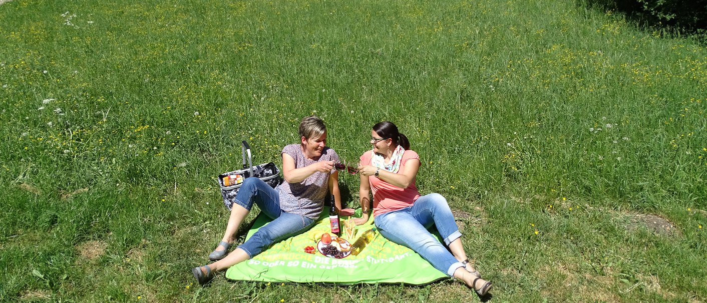 Zwei Frauen sitzen auf einer Wiese und genießen ein Picknick mit Wein und Snacks. Sie stoßen mit Gläsern an und wirken entspannt und fröhlich., © Kurverwaltung Beuren, Kaplan Zwei Frauen sitzen auf einer Wiese und genießen ein Picknick mit Wein und Snacks. Sie stoßen mit Gläsern an und wirken entspannt und fröhlich., © Kurverwaltung Beuren, Kaplan