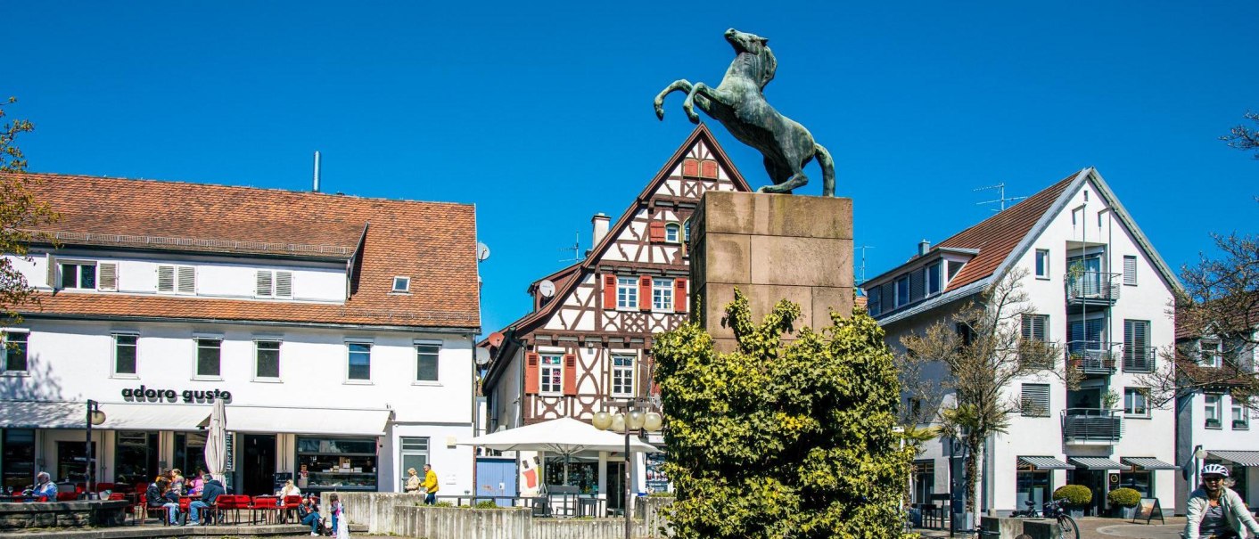 Der Rossmarkt in Kirchheim unter Teck zeigt eine Pferdestatue vor einem Fachwerkhaus. Menschen sitzen vor einem Café bei sonnigem Wetter., © Stuttgart-Marketing GmbH, Sarah Schmid