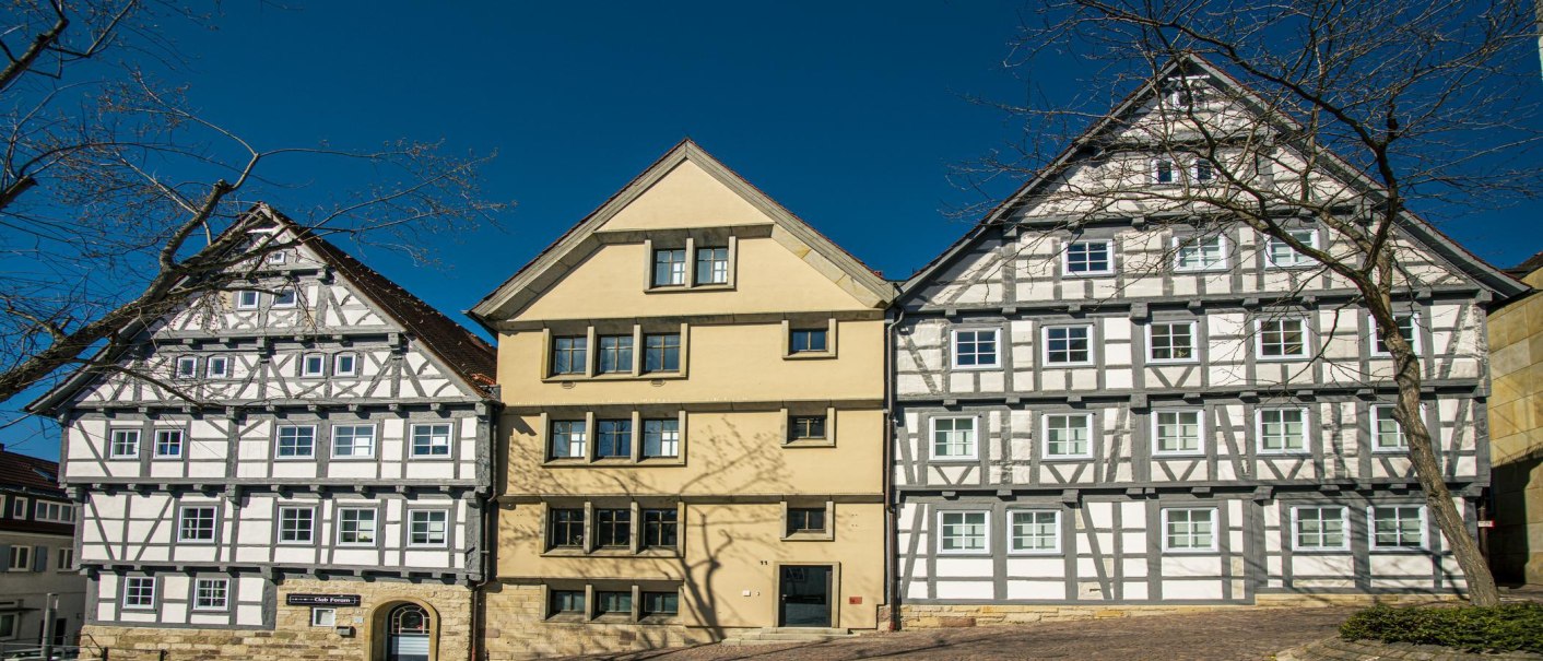 Drei Fachwerkh&auml;user am Marktplatz in B&ouml;blingen, umgeben von kahlen B&auml;umen und strahlend blauem Himmel., &copy; SMG, Sarah Schmid
