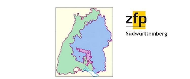 Karte von Baden-W&uuml;rttemberg mit farblich markierten Regionen und dem Logo des ZFP S&uuml;dw&uuml;rttemberg rechts daneben., &copy; Staatsarchiv Ludwigsburg