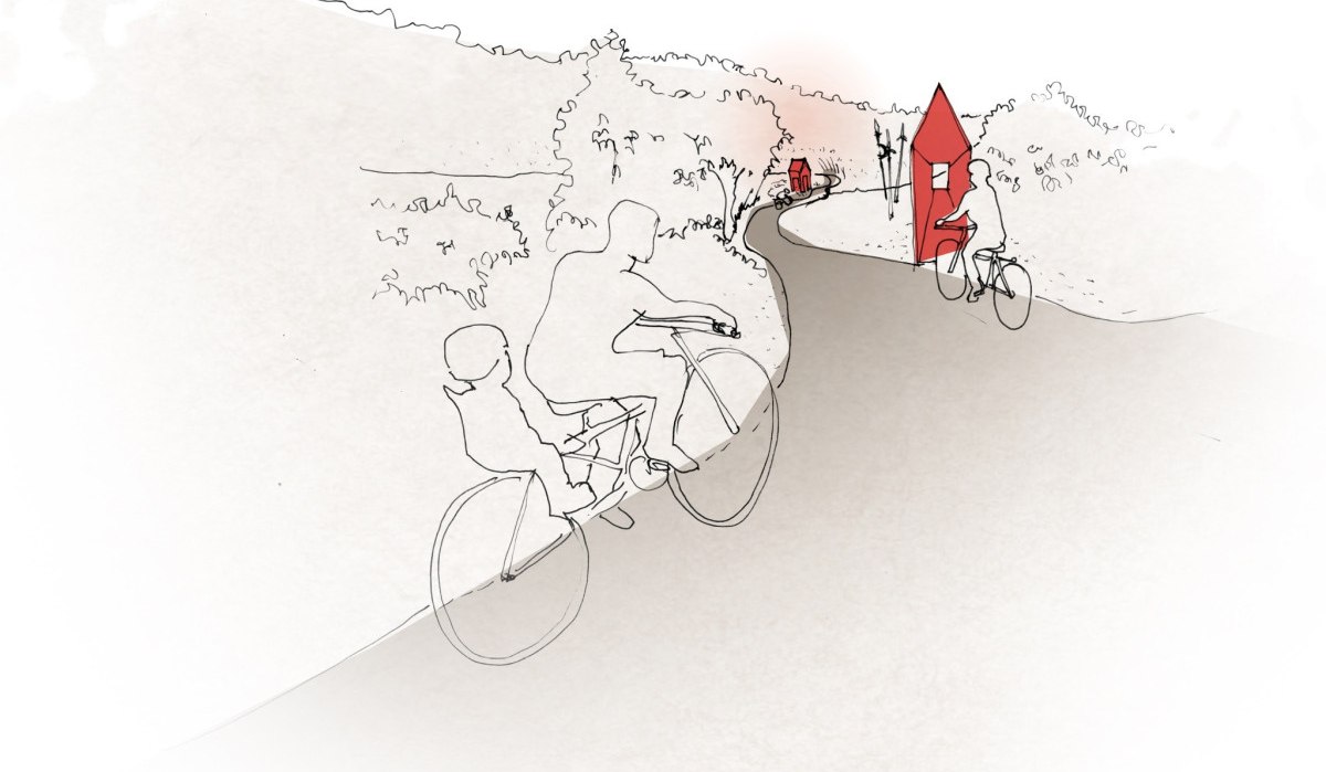 Illustration von Radfahrern auf einem Weg, gesäumt von roten, hausförmigen Strukturen. Die Landschaft ist skizzenhaft angedeutet., © Verband Region Stuttgart Illustration von Radfahrern auf einem Weg, gesäumt von roten, hausförmigen Strukturen. Die Landschaft ist skizzenhaft angedeutet., © Verband Region Stuttgart