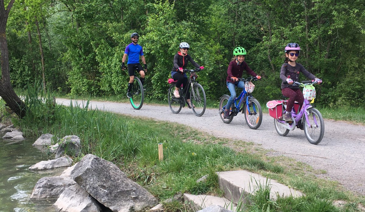 Vier Personen fahren auf einem Waldweg entlang eines Sees. Drei auf Fahrrädern, eine Person auf einem Einrad. Umgeben von grüner Natur., © Land der 1000 Hügel - Kraichgau-Stromberg Vier Personen fahren auf einem Waldweg entlang eines Sees. Drei auf Fahrrädern, eine Person auf einem Einrad. Umgeben von grüner Natur., © Land der 1000 Hügel - Kraichgau-Stromberg